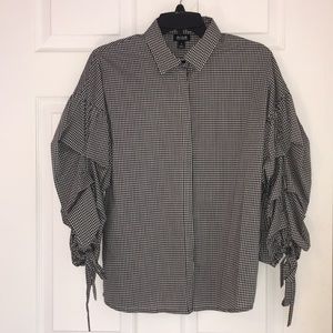 Gingham Print Ruffle Sleeve Button Up